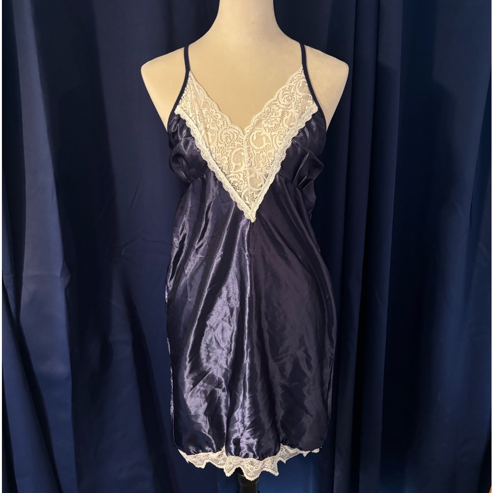 Slip dress lingerie navy with white lace detailing mini dress